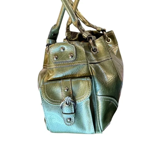 Kathy Van Zeeland Purse Metallic Green Silver Charm Satchel Bag - Picture 11 of 16